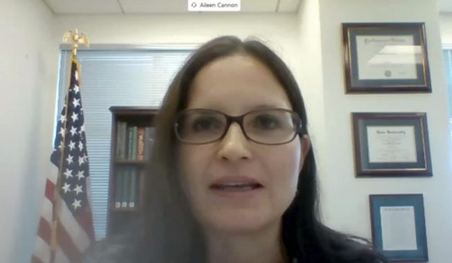In this image from video provided by the U.S. Senate, Aileen M. Cannon speaks remotely during a Senate Judiciary Committee oversight nomination hearing to be U.S. District Court for the Southern District of Florida on July 29, 2020, in Washington. Cannon, the Florida judge who issued a court ruling last year that critics said was unduly favorable to Donald Trump is set to preside over the first pretrial conference in his landmark criminal case concerning the willful retention of classified documents. (U.S. Senate via AP)