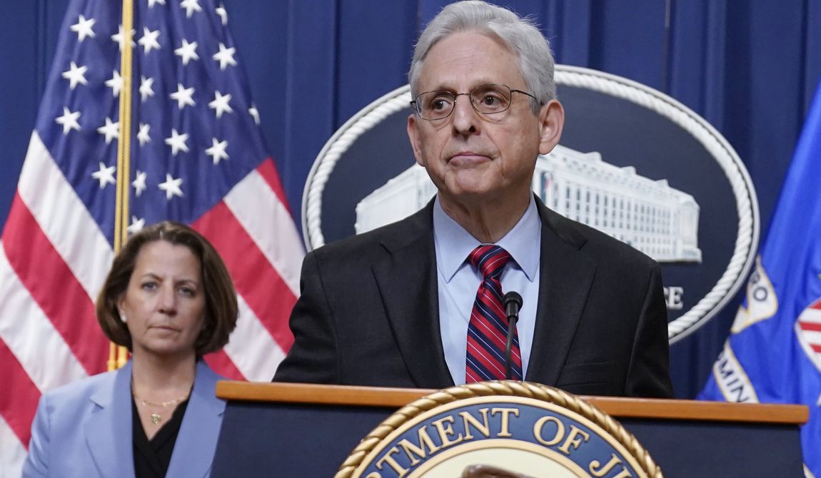 FILE - Attorney General Merrick Garland speaks at the Department of Justice in Washington, Thursday, April 13, 2023. Deputy Attorney General Lisa Monaco stands at left. (AP Photo/Evan Vucci, File)
