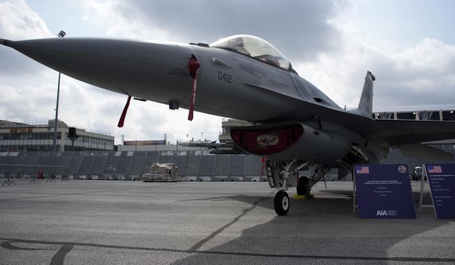 U.S. Air Force F-16 fighter jet is on display during the Paris Air Show in Le Bourget, north of Paris, France, Monday, June 19, 2023. The U.S. is beefing up its use of fighter jets around the strategic Strait of Hormuz to protect ships from Iranian seizures, a senior defense official said Friday, July 14, adding that the U.S. is increasingly concerned about the growing ties between Iran, Russia and Syria across the Middle East. (AP Photo/Lewis Joly, File)