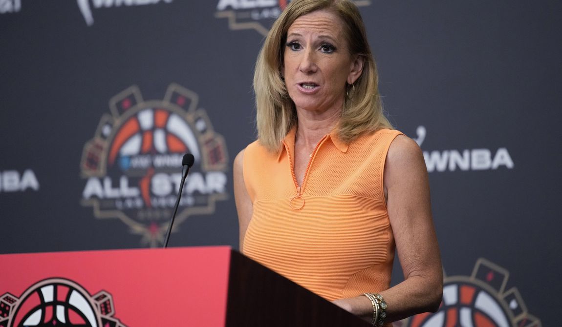 Catherine Engelbert, commissioner of the WNBA, speaks at a news conference before basketball&#x27;s WNBA All-Star Game on Saturday, July 15, 2023, in Las Vegas. (AP Photo/John Locher)